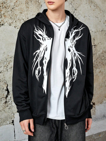 Men Graphic Print Zip Up Oversize Hoodie