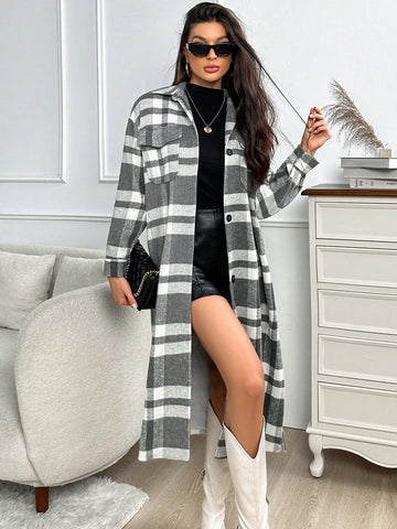 Plaid Print Drop Shoulder Flap Pocket Longline Overcoat