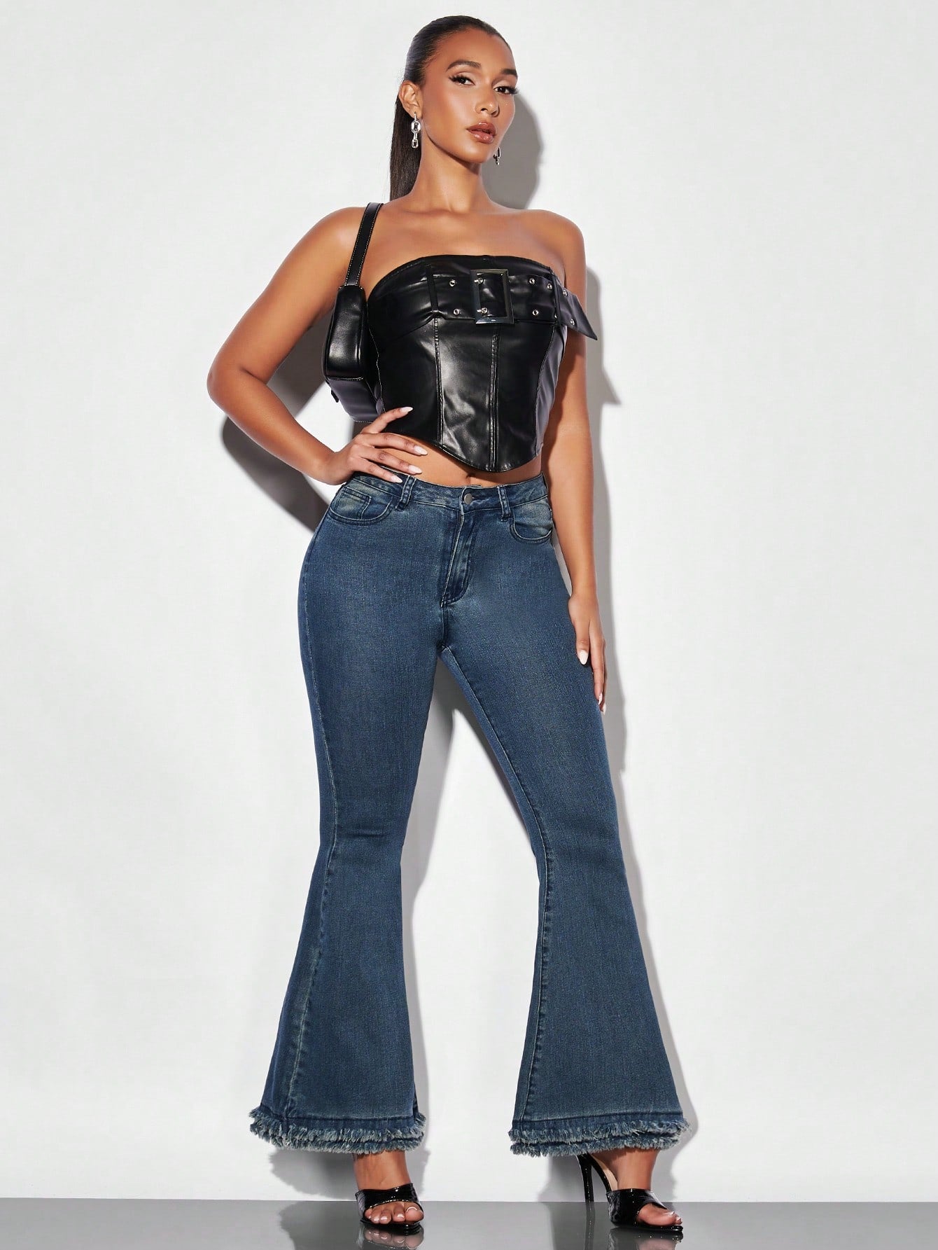 High Waist Fringe Hem Flare Leg Jeans