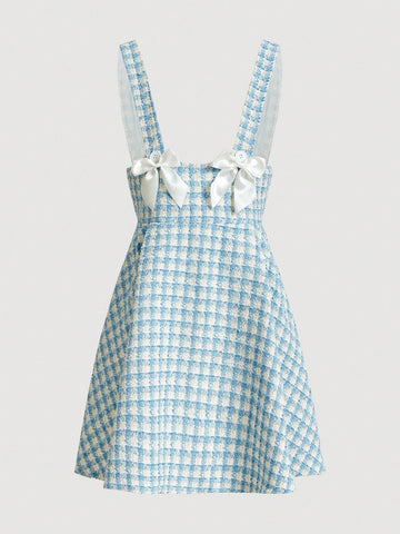 Plaid Print Bow Front Overall Dress