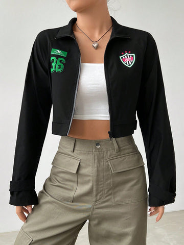 Letter Graphic Zip Up Crop Jacket