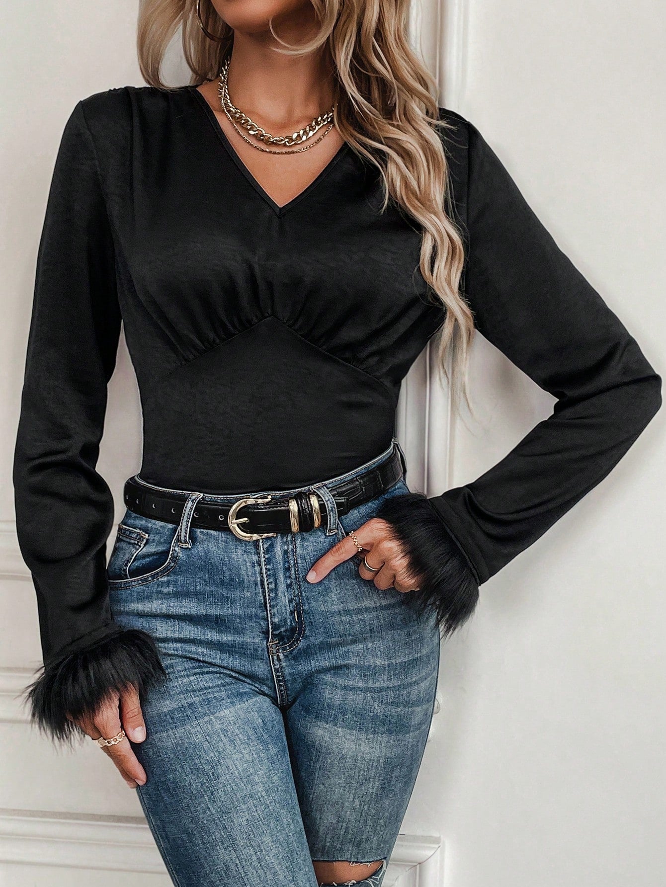 Fuzzy Cuff V Neck Blouse