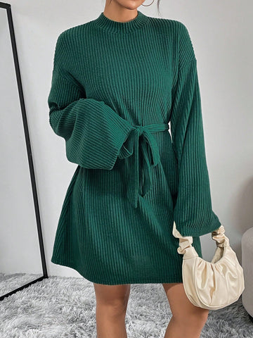 Mock Neck Drop Shoulder Belted Dress