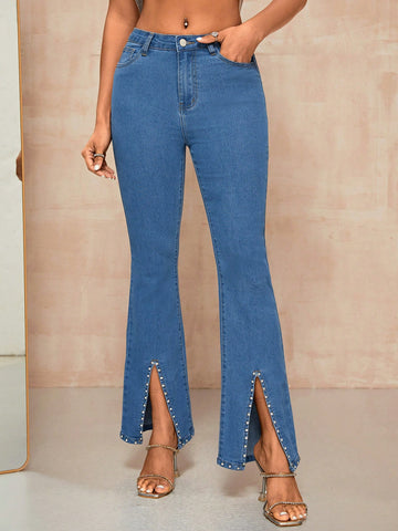 Studded Detail Split Hem Flare Leg Jeans