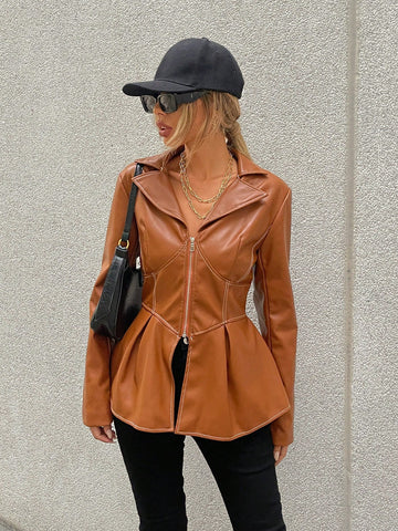 Zip Up Peplum PU Jacket