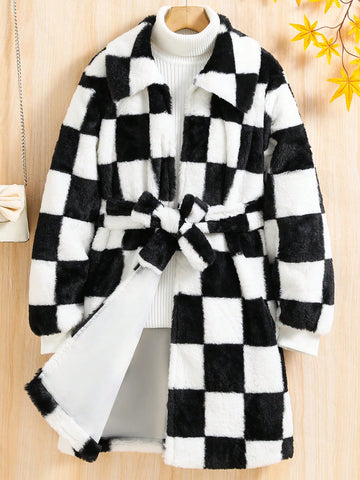 Tween Girl Checkerboard Pattern Belted Flannel Coat Without Sweater