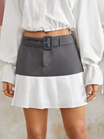 Two Tone Belted Pleated Hem Skirt