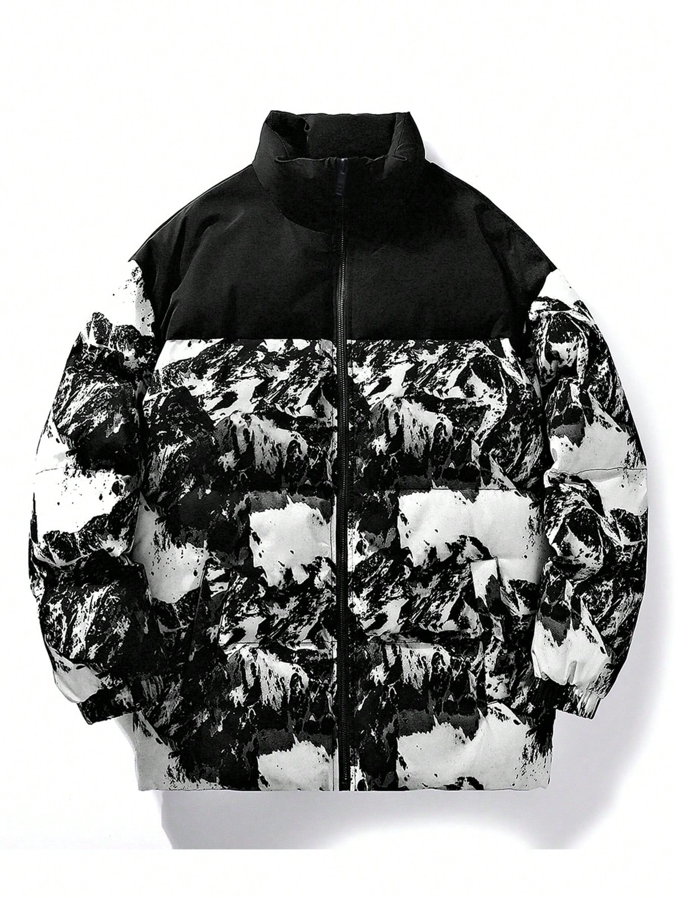 Men's Oversized Graphic Printed Winter Coat With Zipper