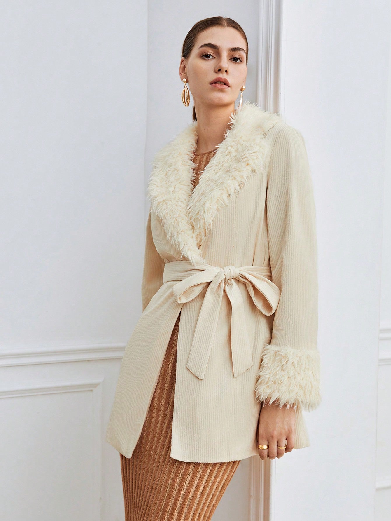 Fuzzy Collar Belted Coat