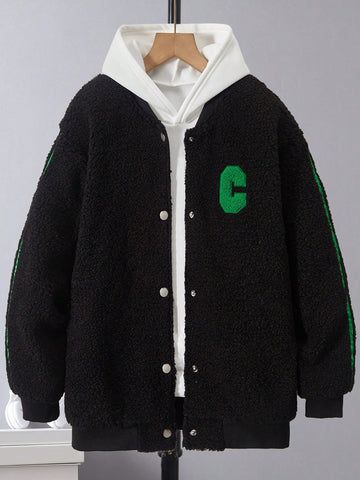 Tween Boy Letter Patched Fleece Jacket Without Hoodie