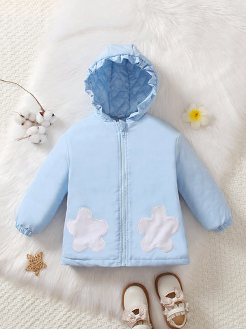 Young Girl Floral Patched Hooded Zipper Up Hooded Winter Coat