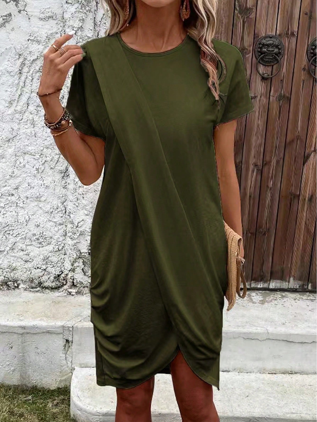 Solid Batwing Sleeve Wrap Hem Tee Dress