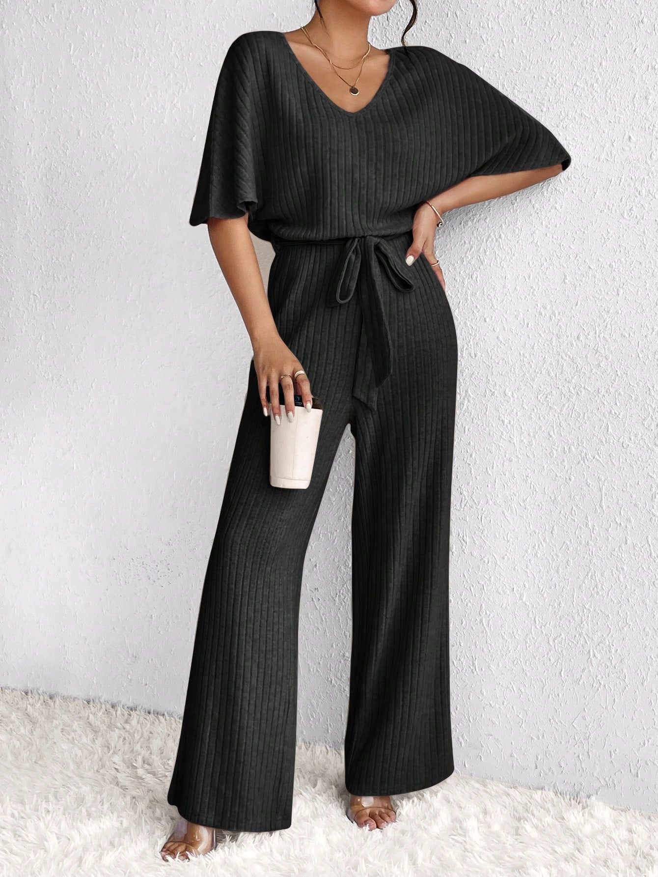 Batwing Sleeve Belted Wide Leg Jumpsuit