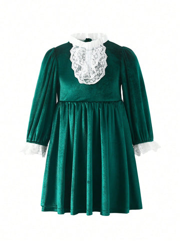 Young Girl Contrast Embroidery Mesh Flare Sleeve Velvet Dress