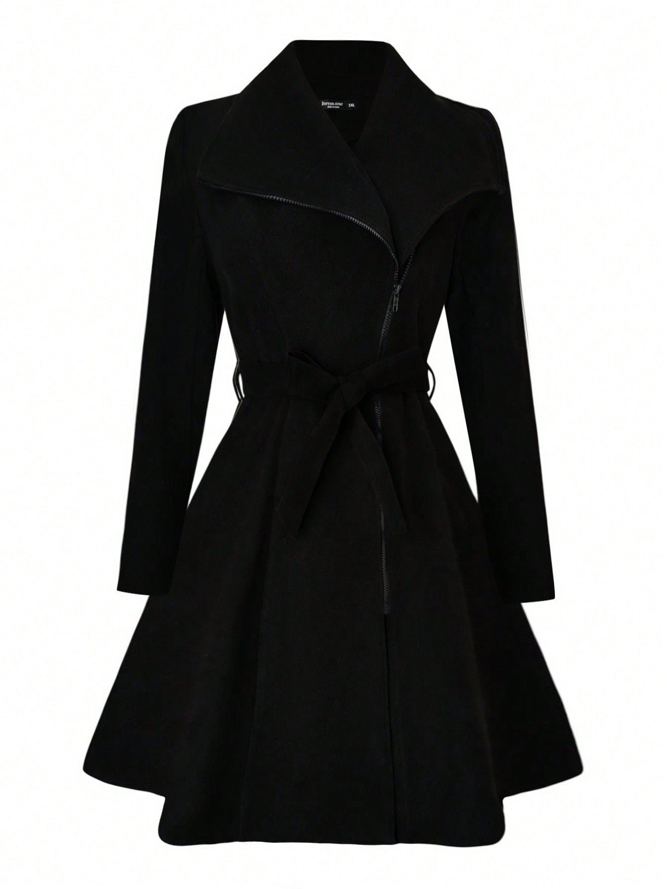 Plus Solid Zip Up Belted Flare Hem Overcoat