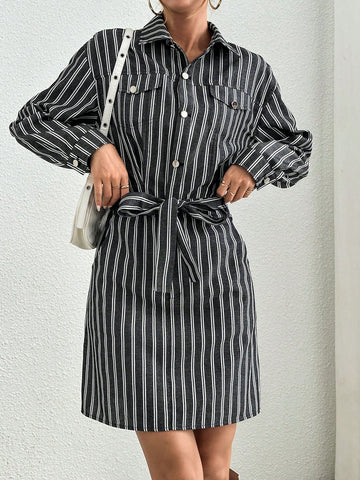 Striped Print Flap Detail Belted Shirt Dress