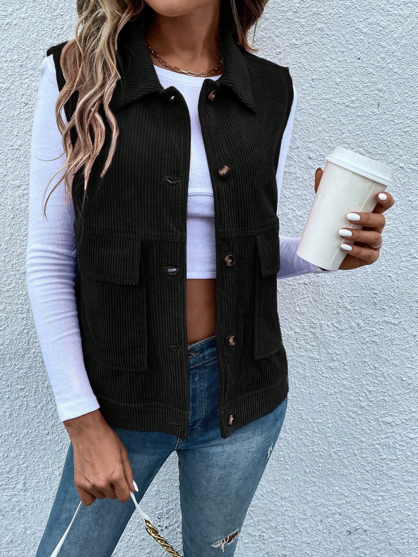 Flap Pocket Corduroy Vest Jacket