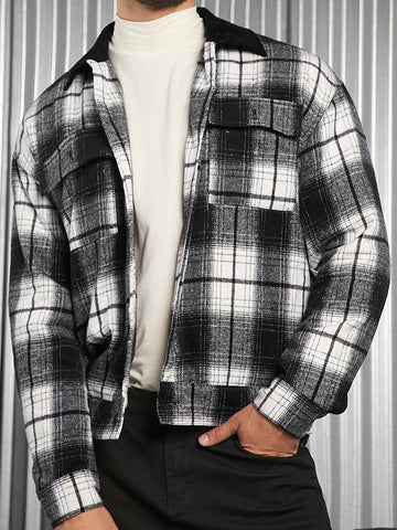 Men 1pc Plaid Print Drop Shoulder Flap Pocket Contrast Collar Winter Coat