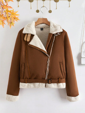 1pc Teddy Lined Buckle Detail Jacket