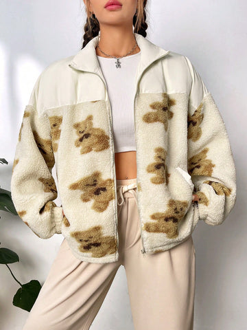 Bear Print Drop Shoulder Teddy Jacket