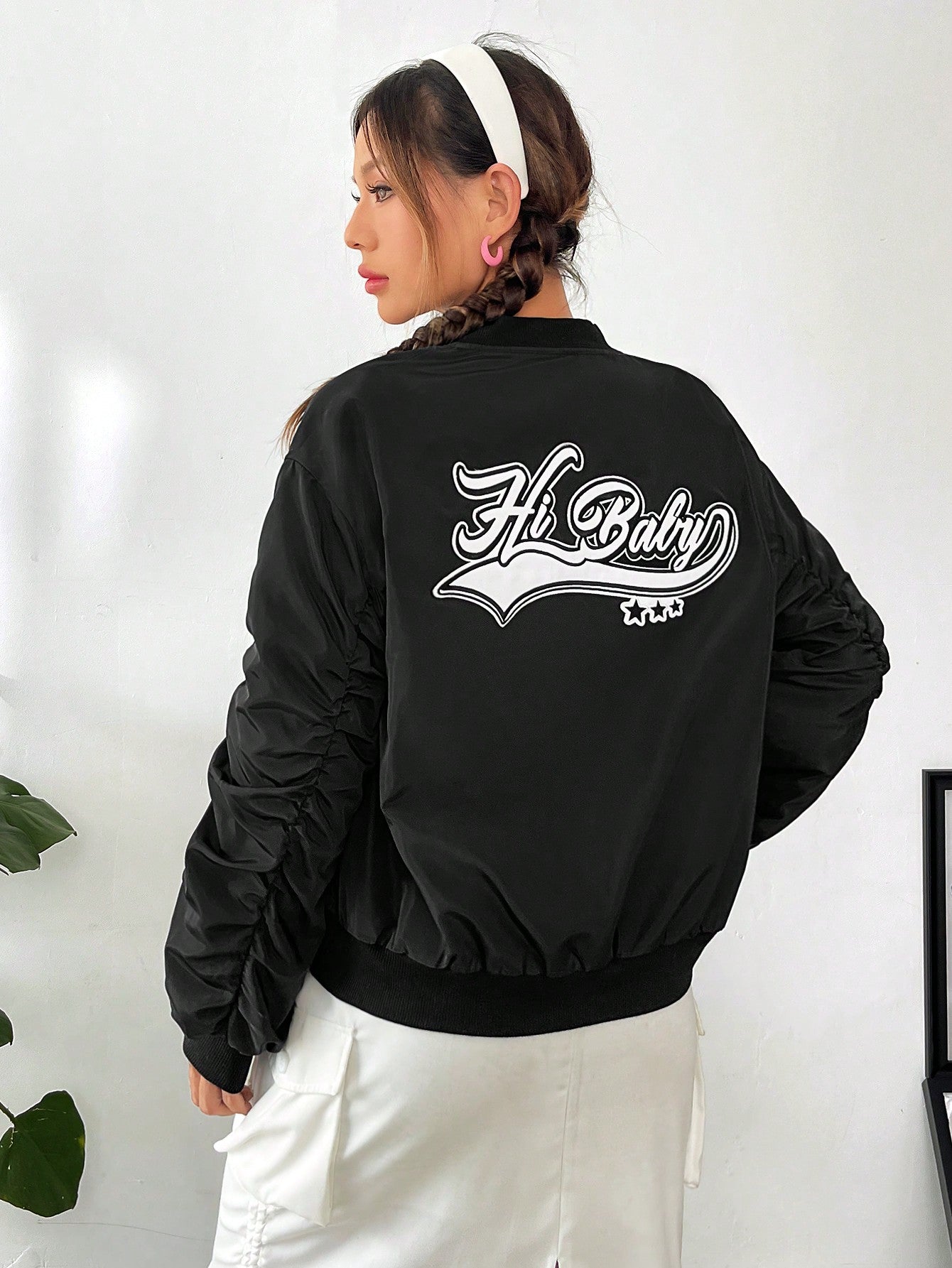 Letter Graphic Ruched Sleeve Bomber Jacket