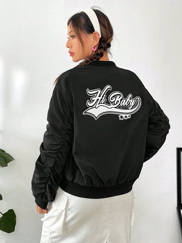 Letter Graphic Ruched Sleeve Bomber Jacket