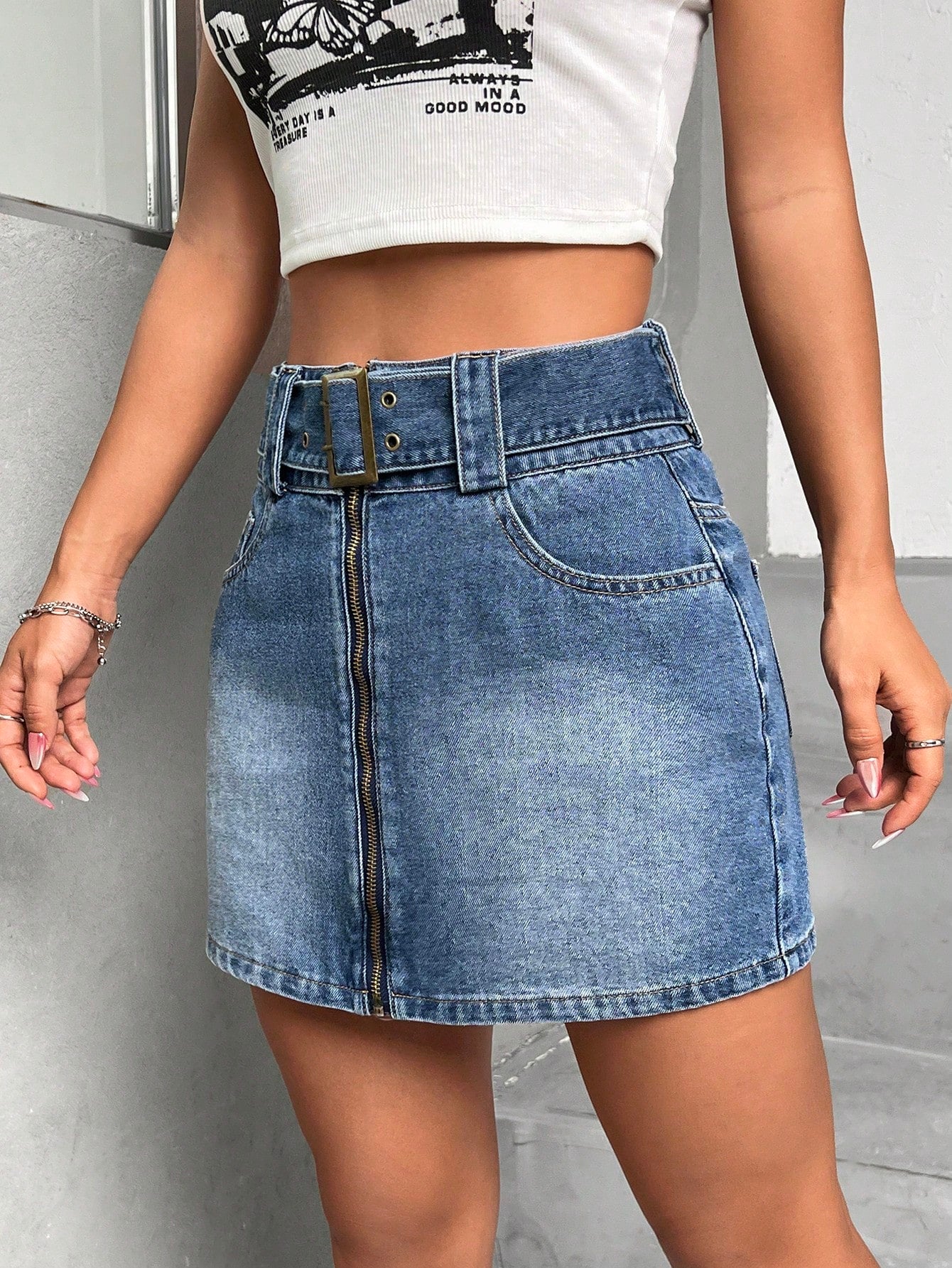 Zip Up Belted Denim Skirt