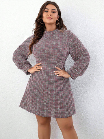 Plus Mock Neck Lantern Sleeve Tweed Dress