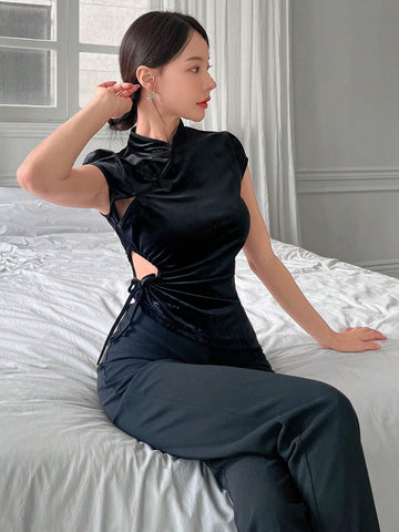 New Chinese Style Velvet Cutout Drawstring Qipao Collar Women's T-Shirt