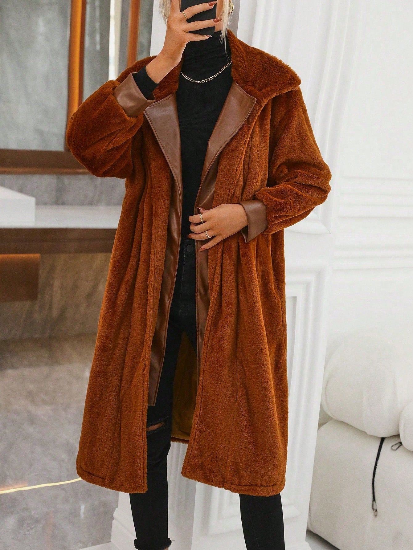 Lapel Neck Drop Shoulder Fuzzy Coat