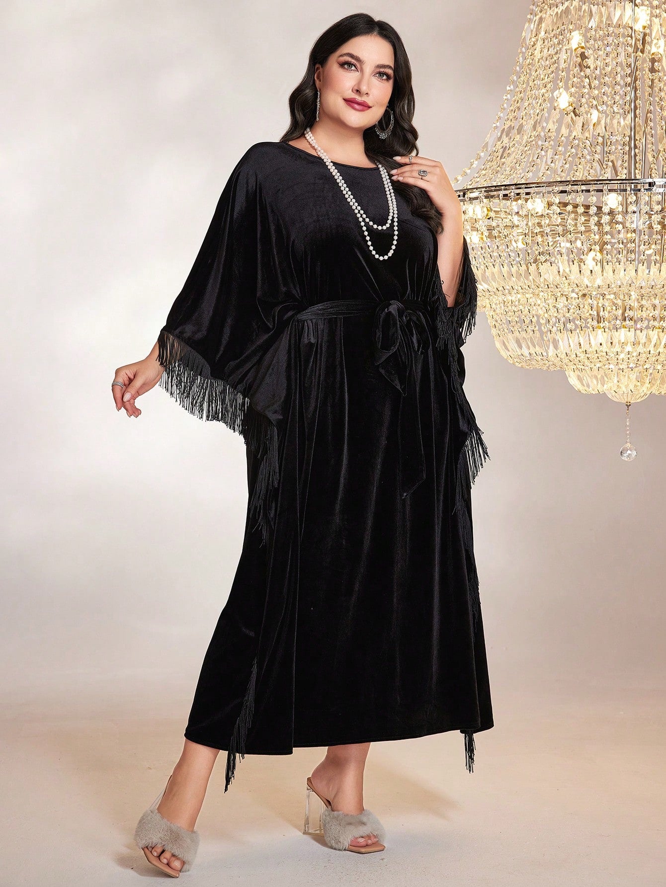 Plus Size Long Sleeve Fringe Hemline Dress