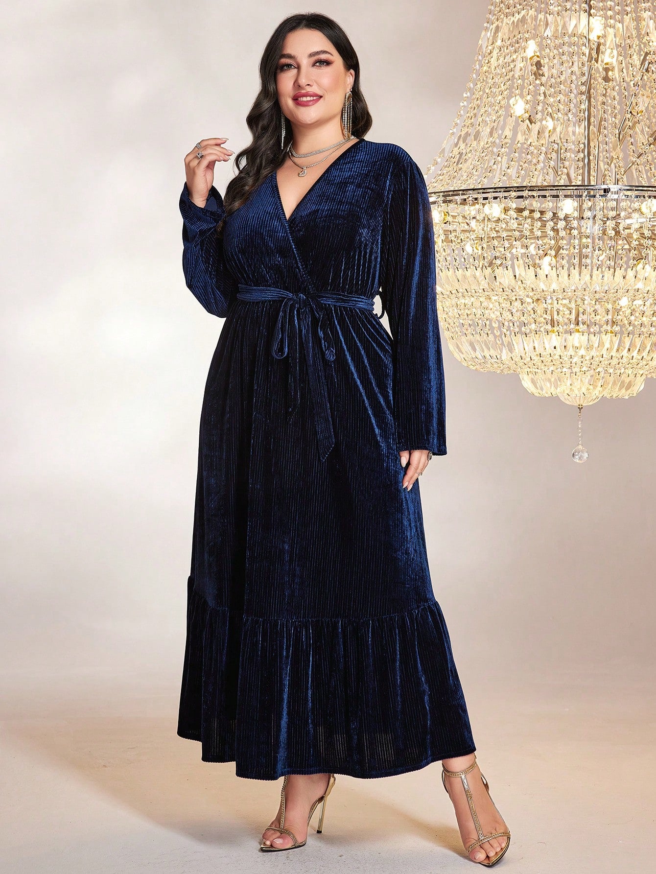 Plus Surplice Neck Ruffle Hem Belted Velvet Dress