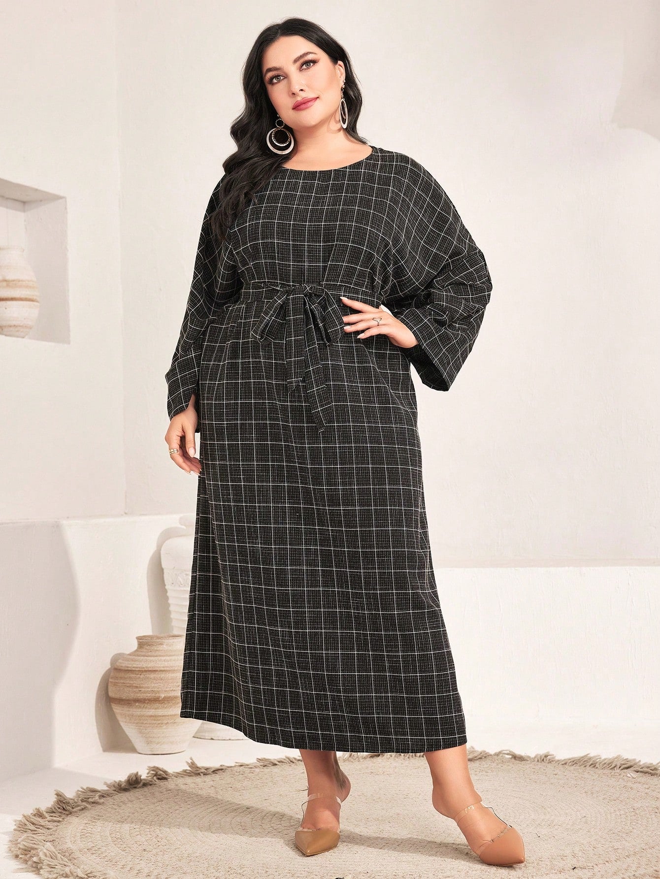 Plus Plaid Print Batwing Sleeve Belted Dress