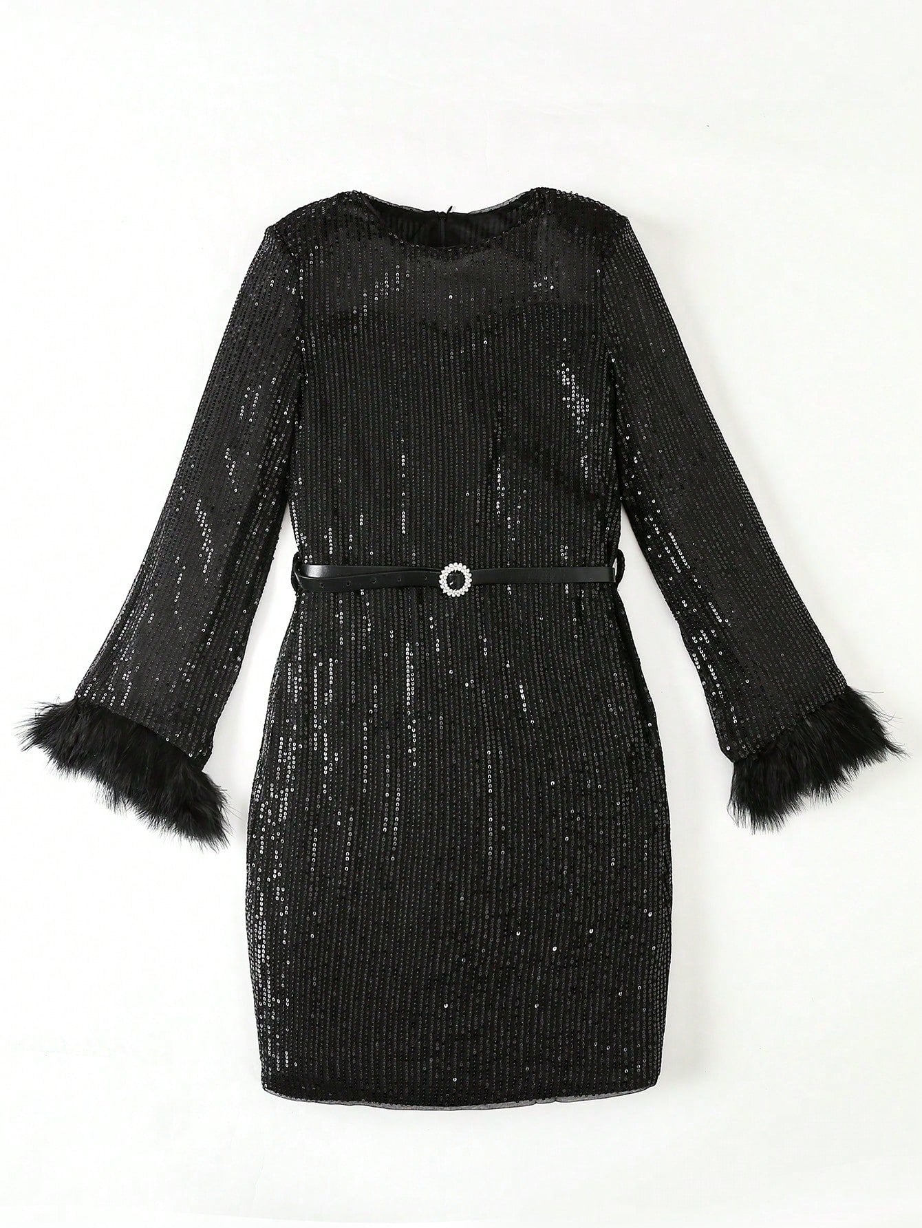 Fuzzy Cuff Belted Sequin Dress