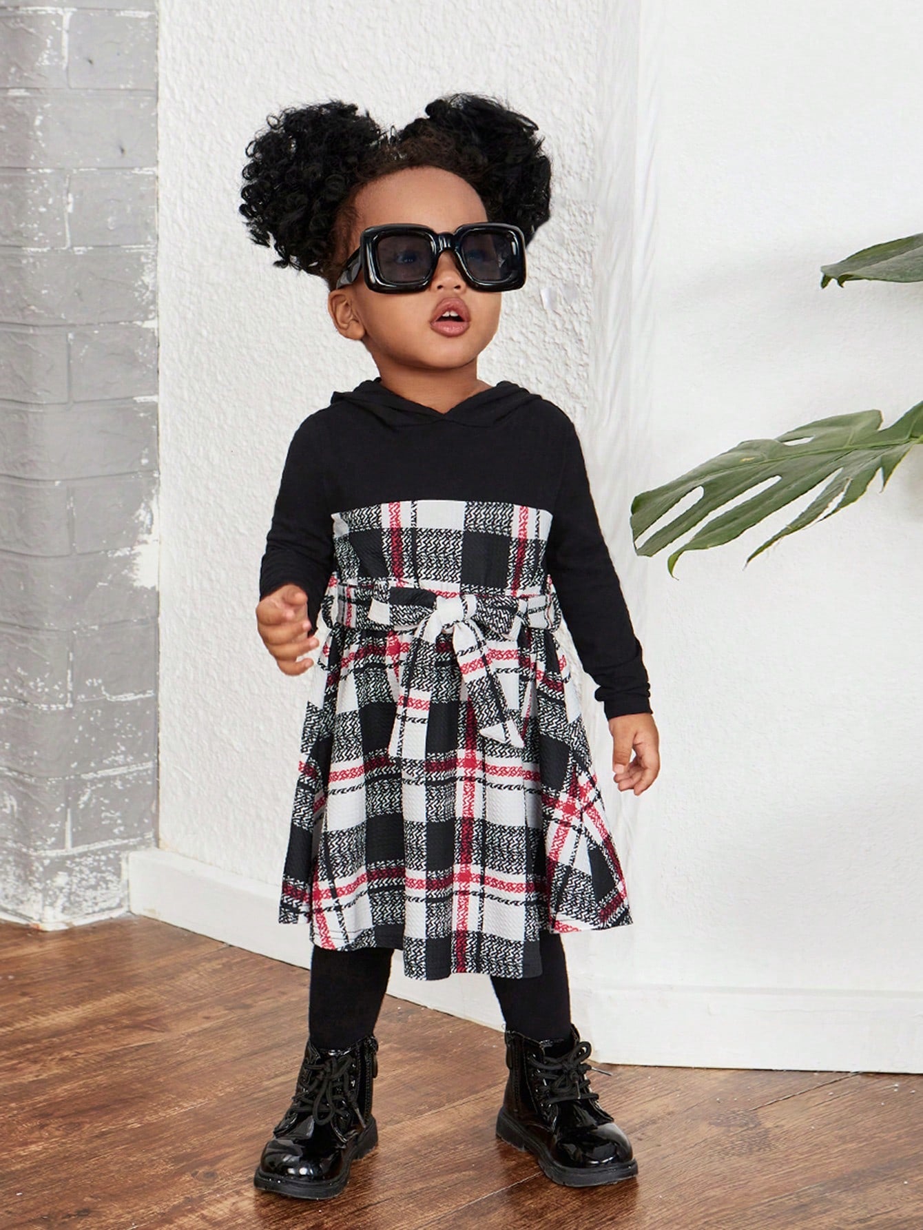 Baby Girl Plaid Print Belted Hooded 2 In 1 Dress