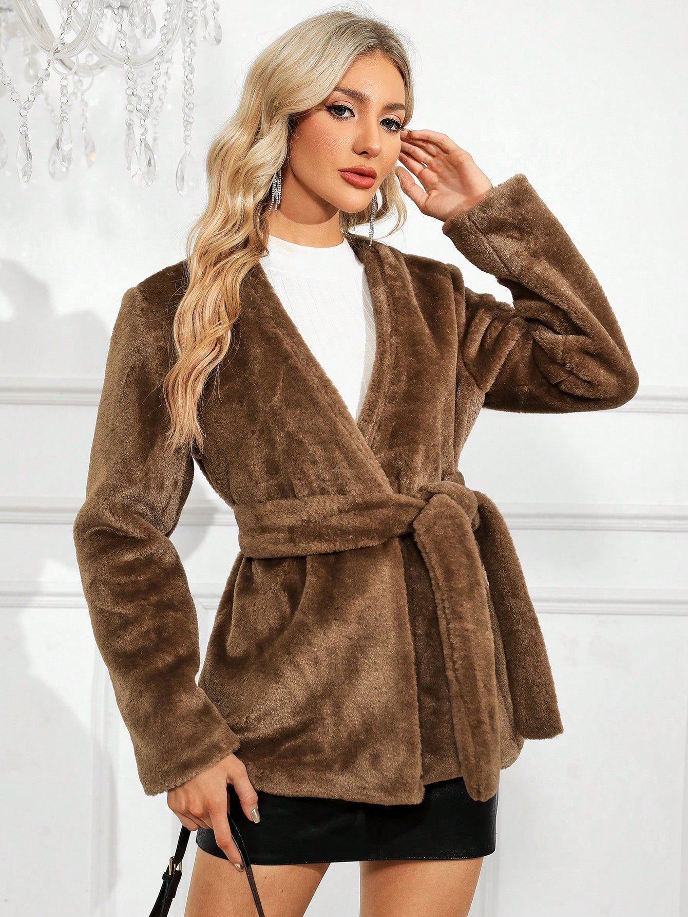 Solid Belted Fuzzy Coat