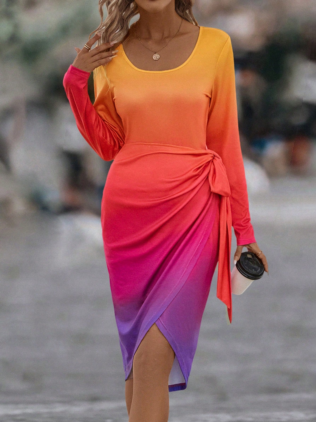 Ombre Knot Side Wrap Hem Dress