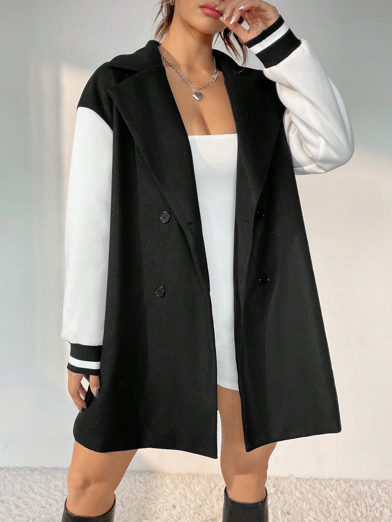 Two Tone Drop Shoulder Double Breasted Overcoat