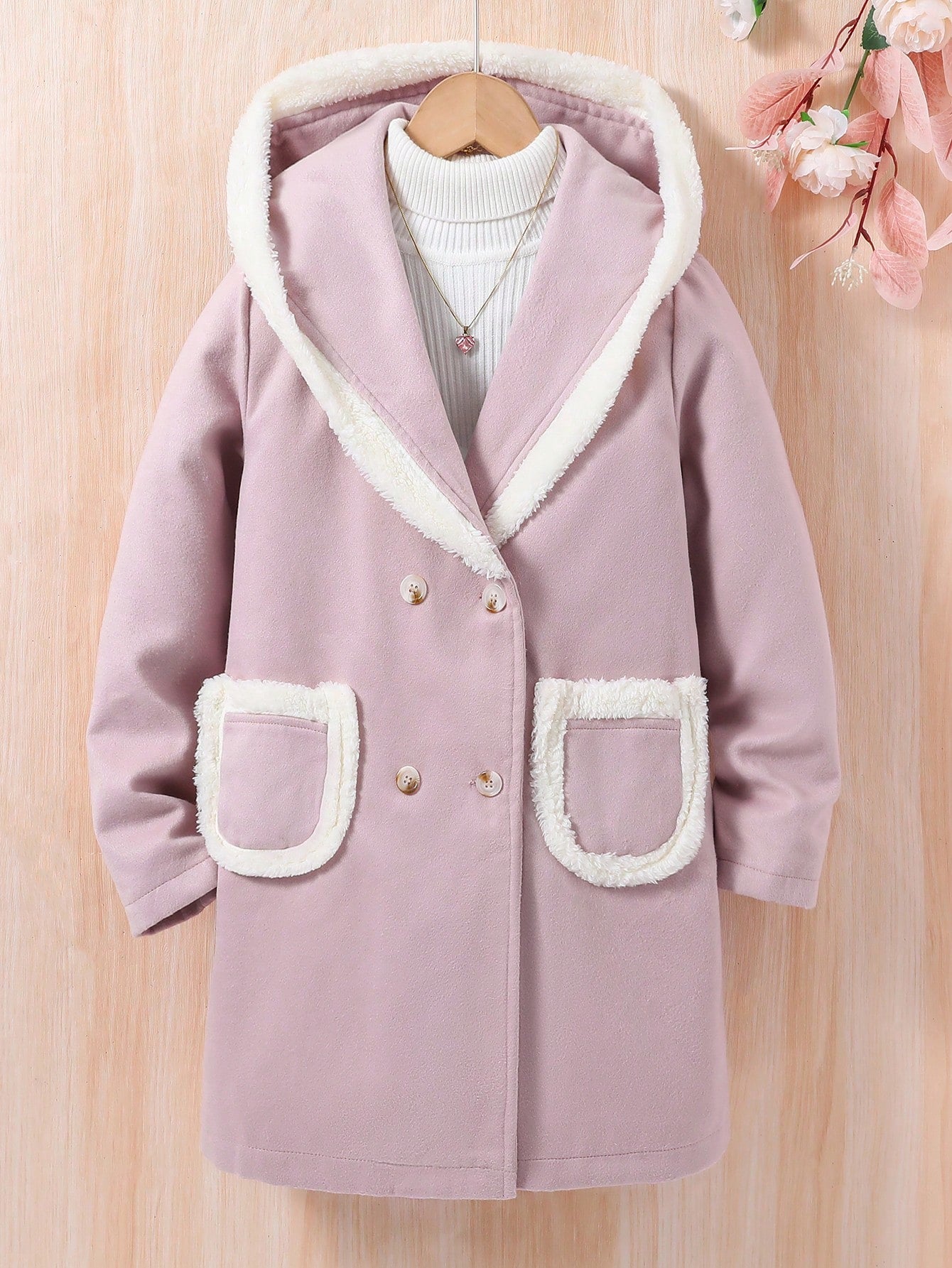 Tween Girl 1pc Dual Pocket Double Breasted Fuzzy Trim Hooded Overcoat