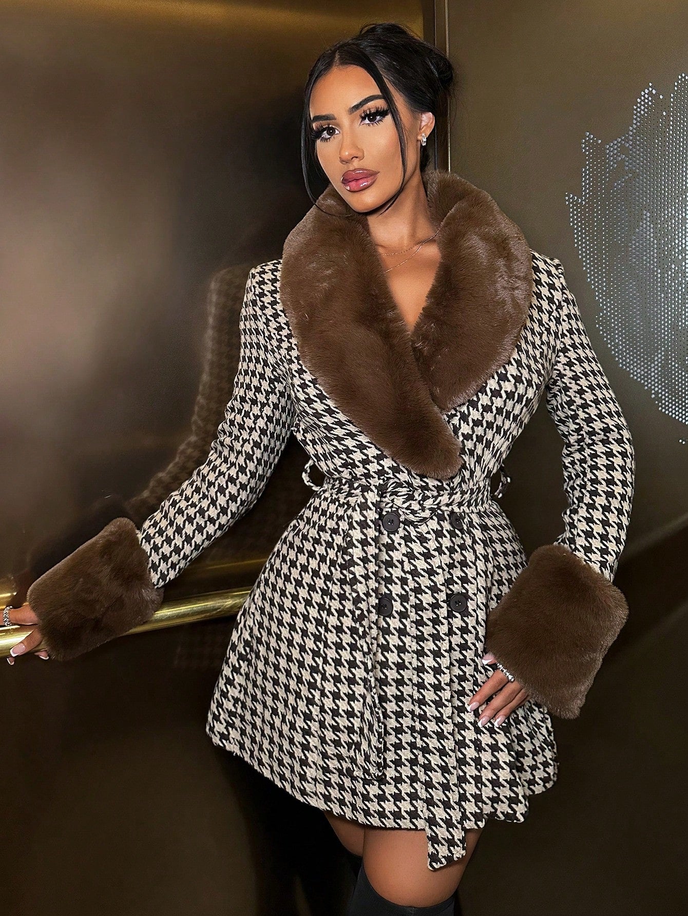 Houndstooth Print Fuzzy Collar Belted Overcoat