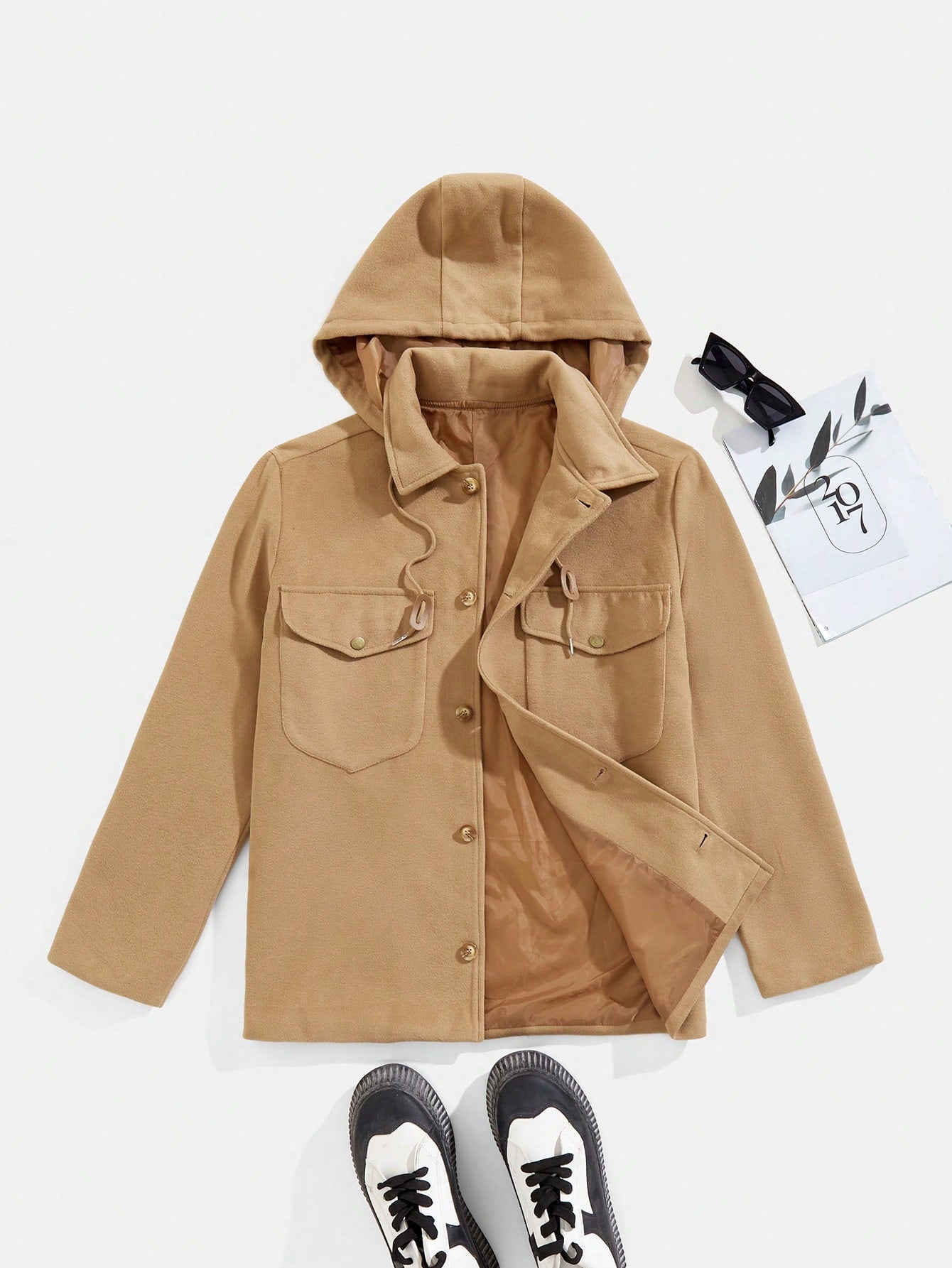 Men Flap Pocket Drawstring Hooded Overcoat