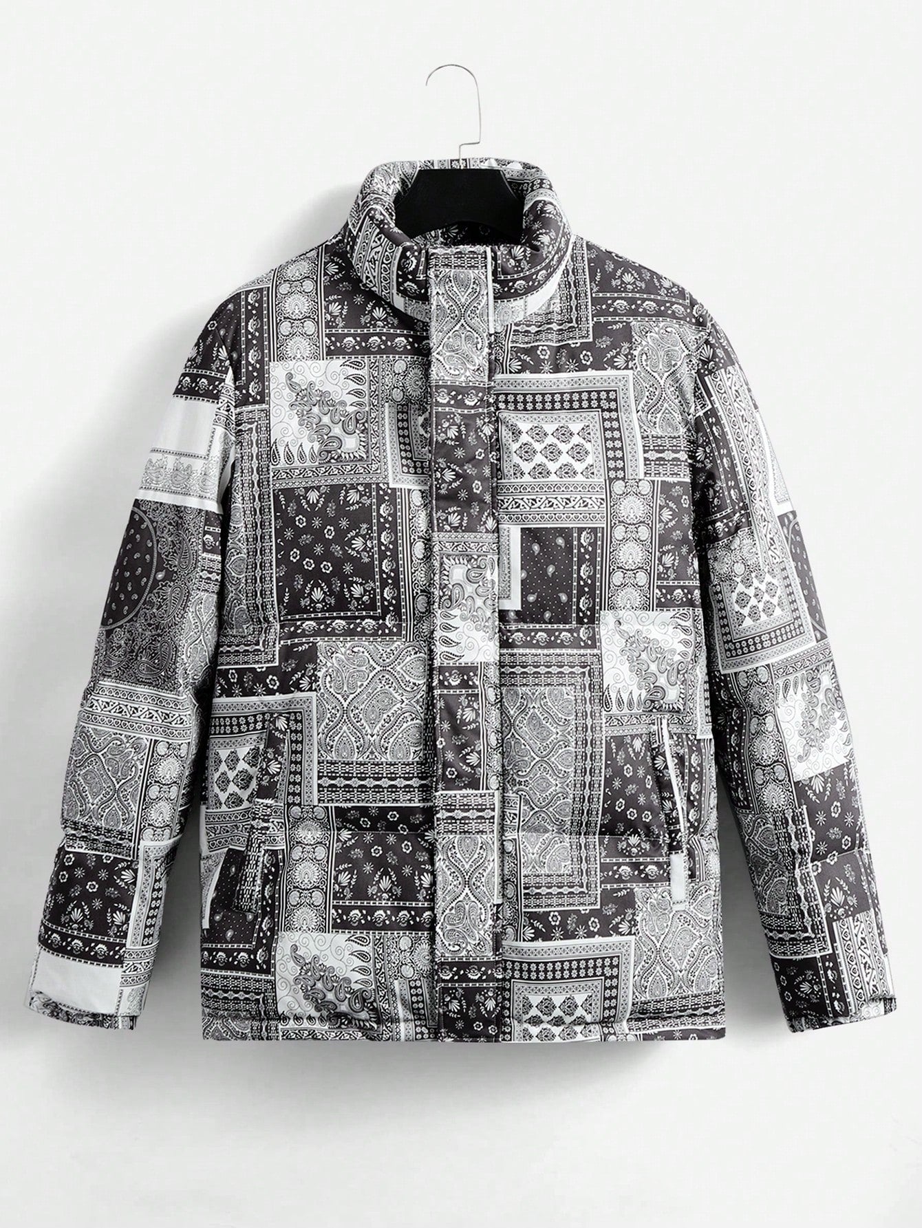 Loose Fit Men's Puffer Coat With Paisley Scarf Print