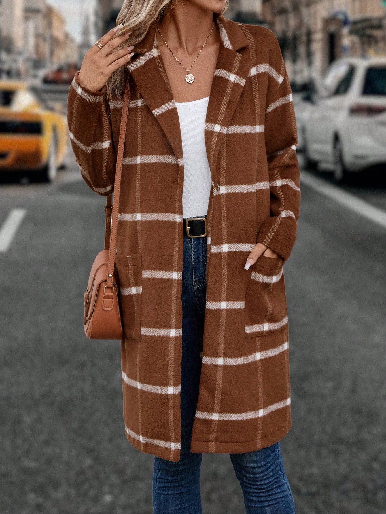 Plaid Print Drop Shoulder Pocket Patched Overcoat