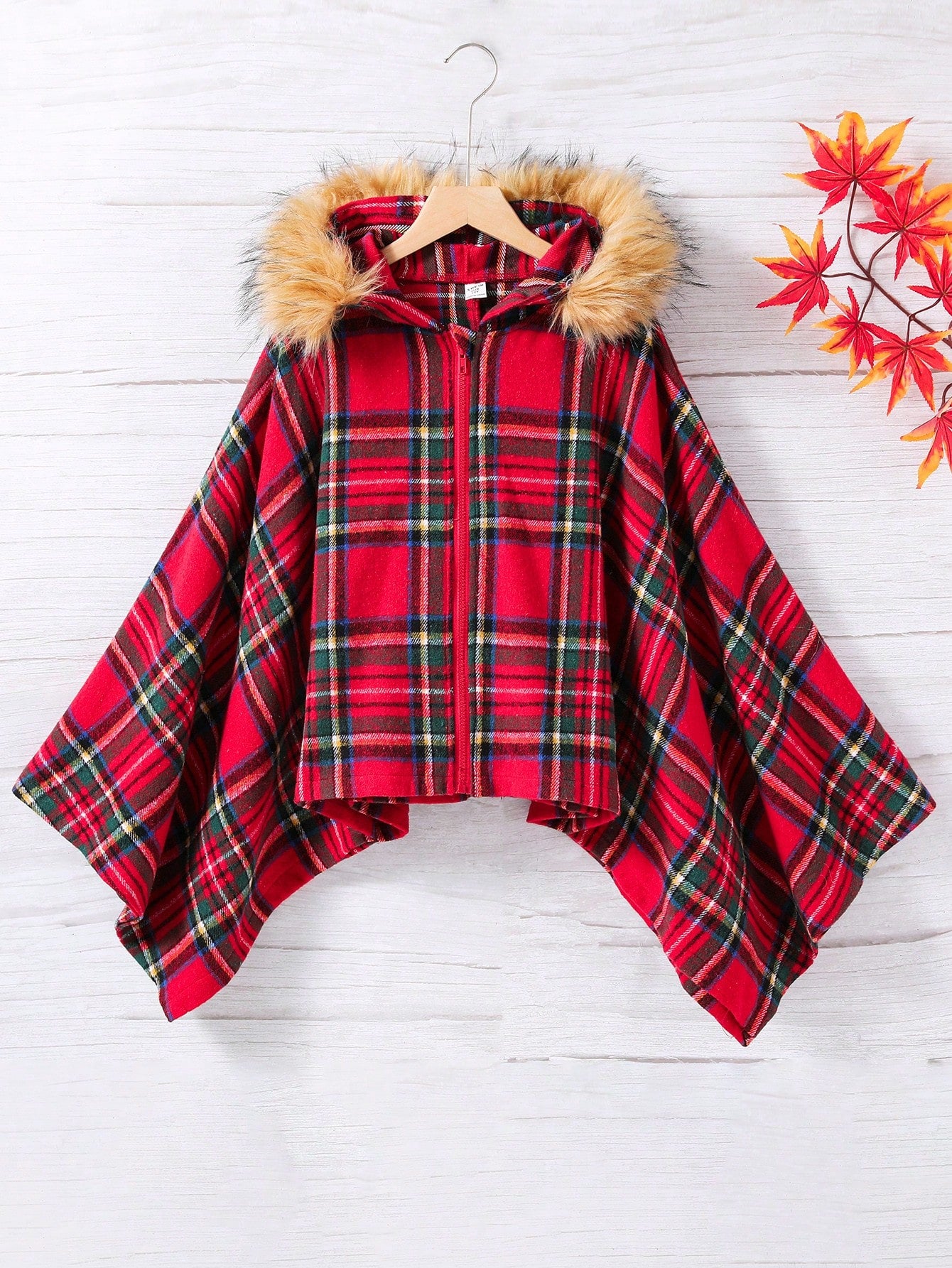 Tween Girl Plaid Fuzzy Trim Hooded Poncho Overcoat