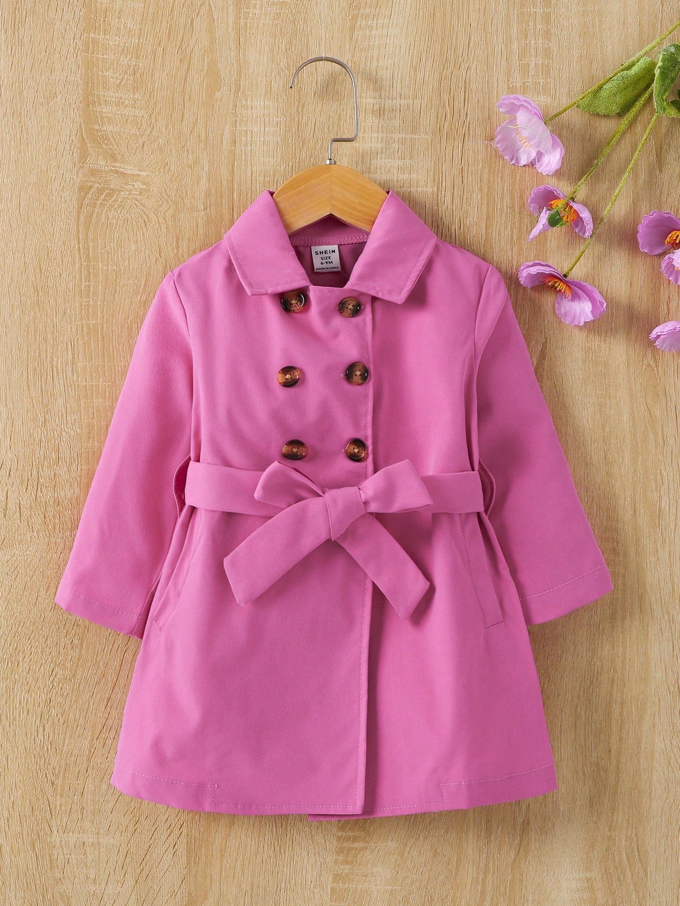 Girls Baby Solid Double Breasted Belted Trench Coat