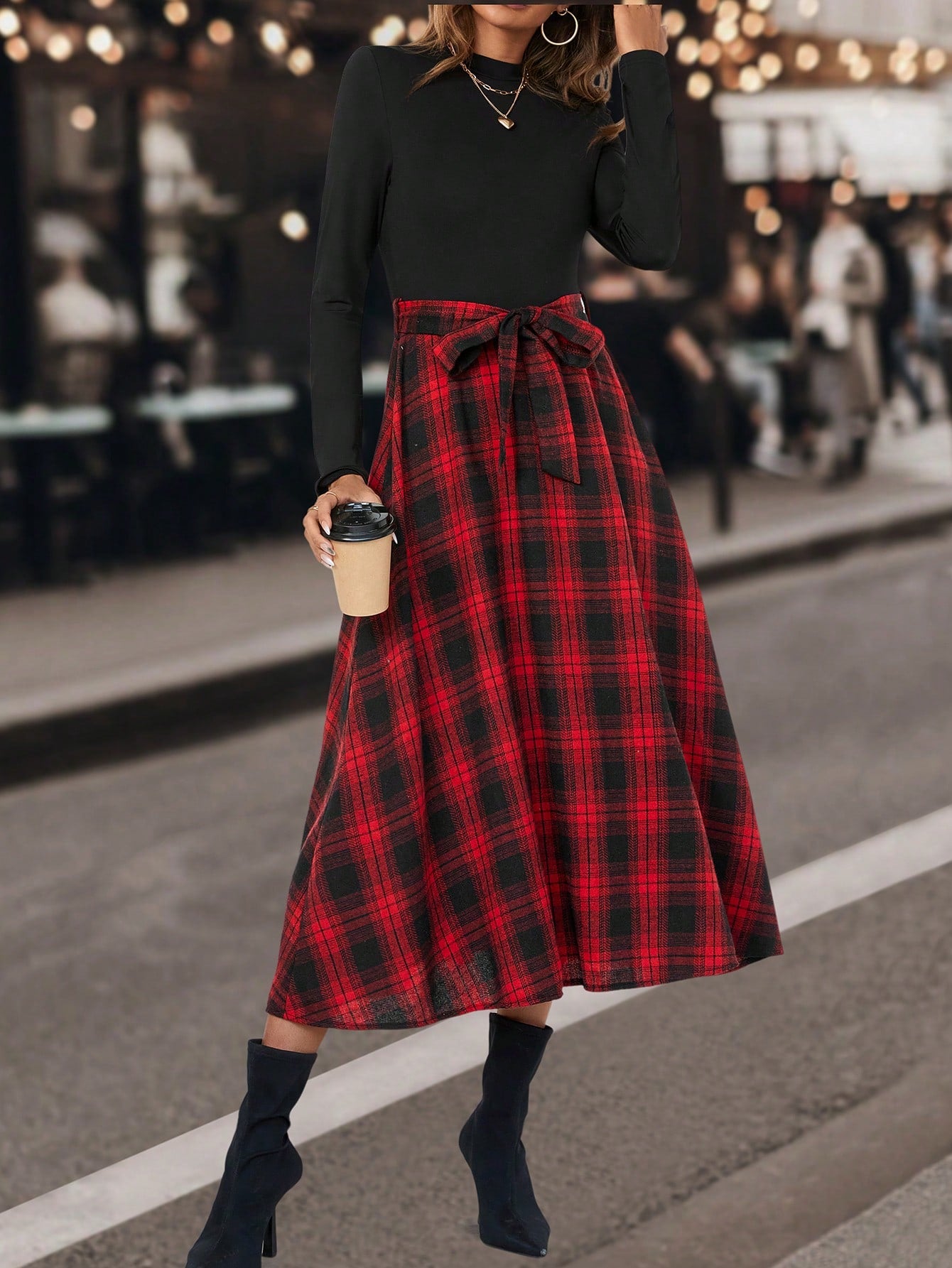 Plaid Print Belted Dress