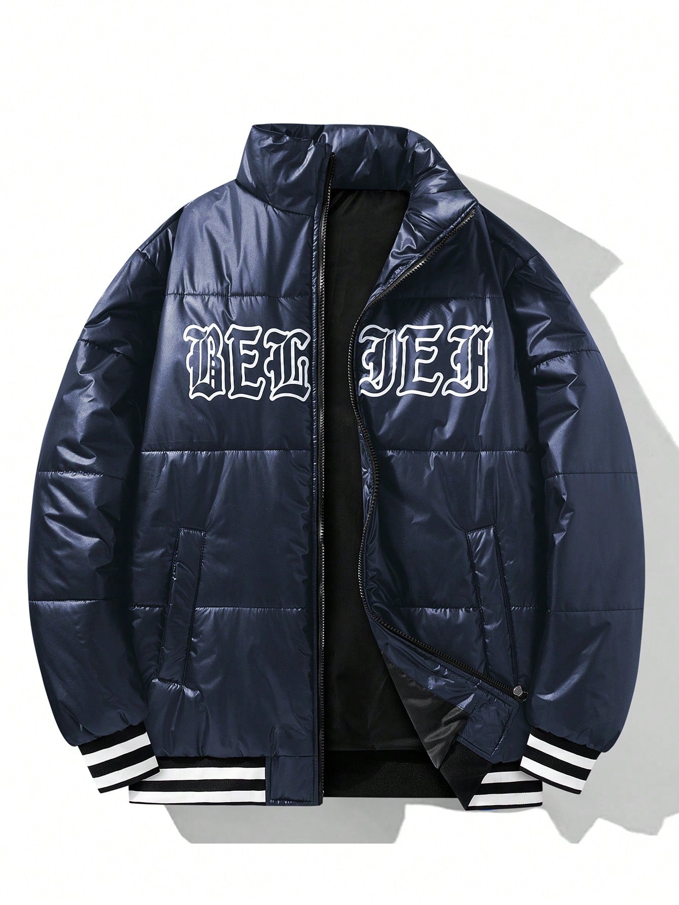 Men Letter Graphic Striped Trim Zip Up Puffer Coat