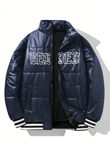 Men Letter Graphic Striped Trim Zip Up Puffer Coat