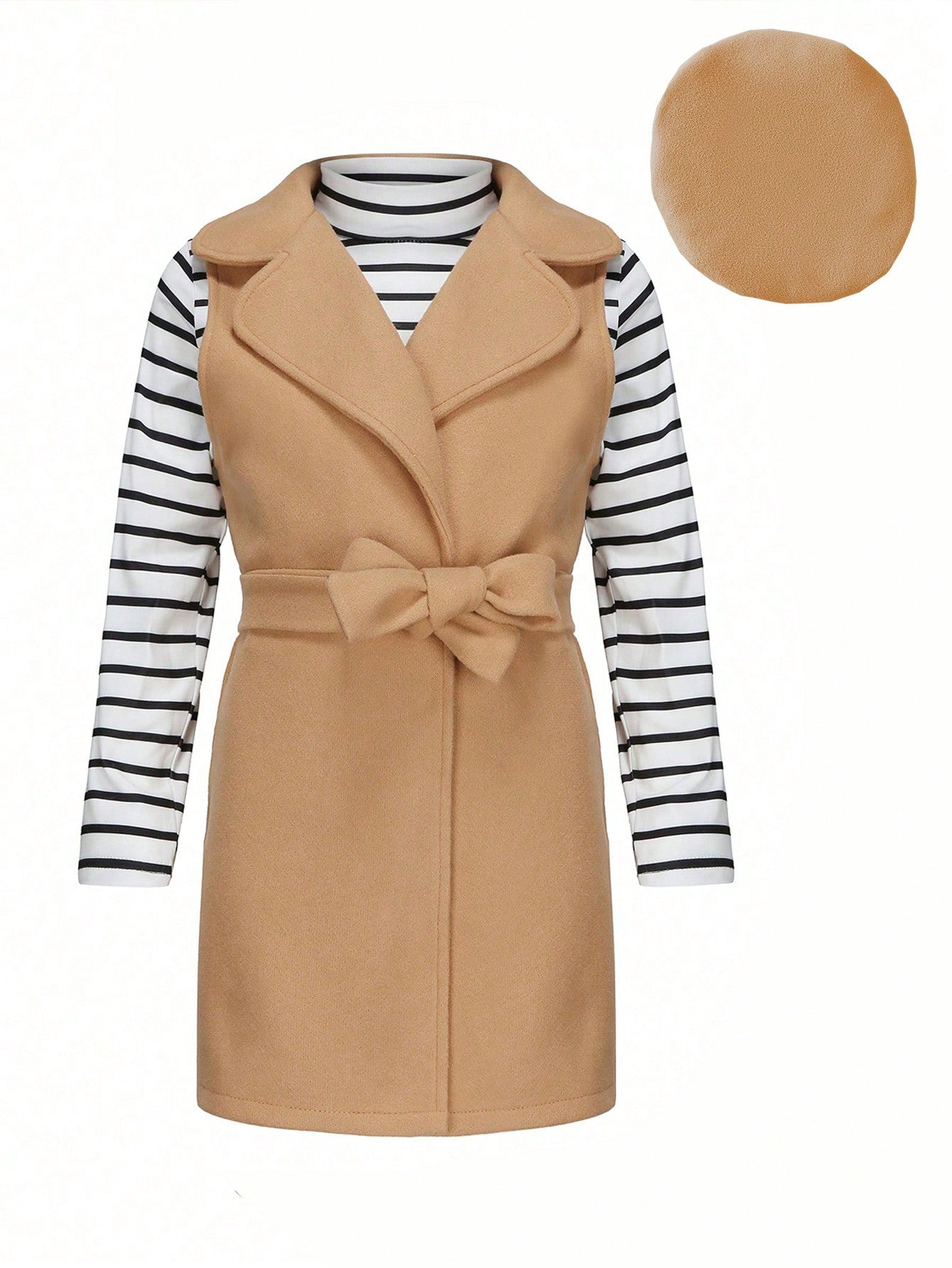 Young Girl Striped Print Tee & Belted Coat