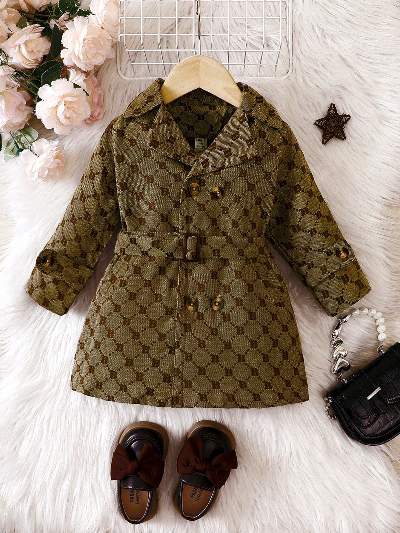 Baby Boy Allover Print Double Breasted Belted Trench Coat